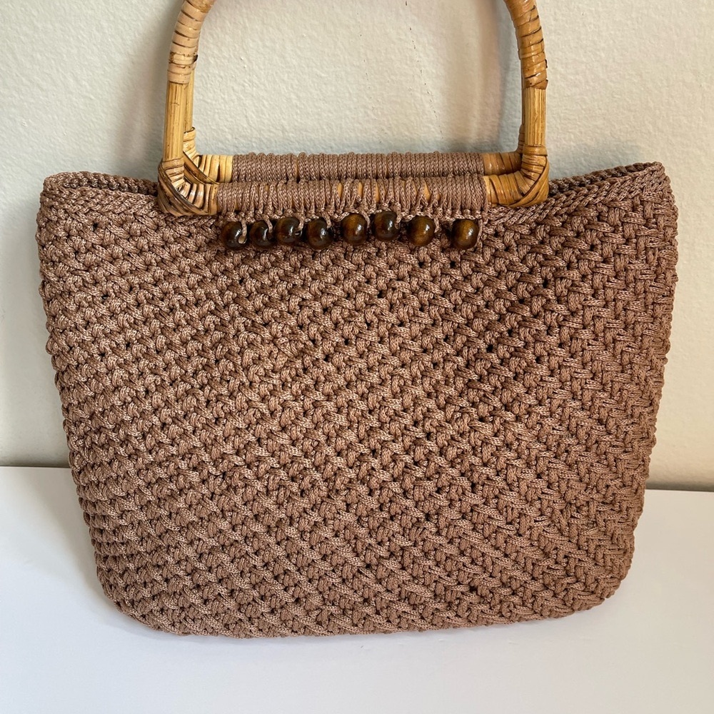Elegant Tan Woven Tote with Bamboo Handles